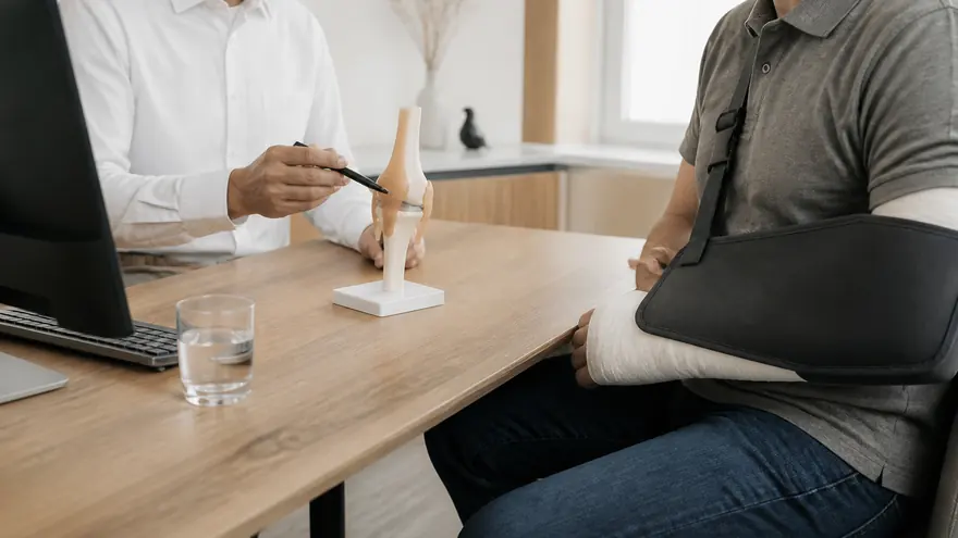 Arzt im Gespräch mit einem Patienten, dessen Arm in Gips und Schlinge liegt
