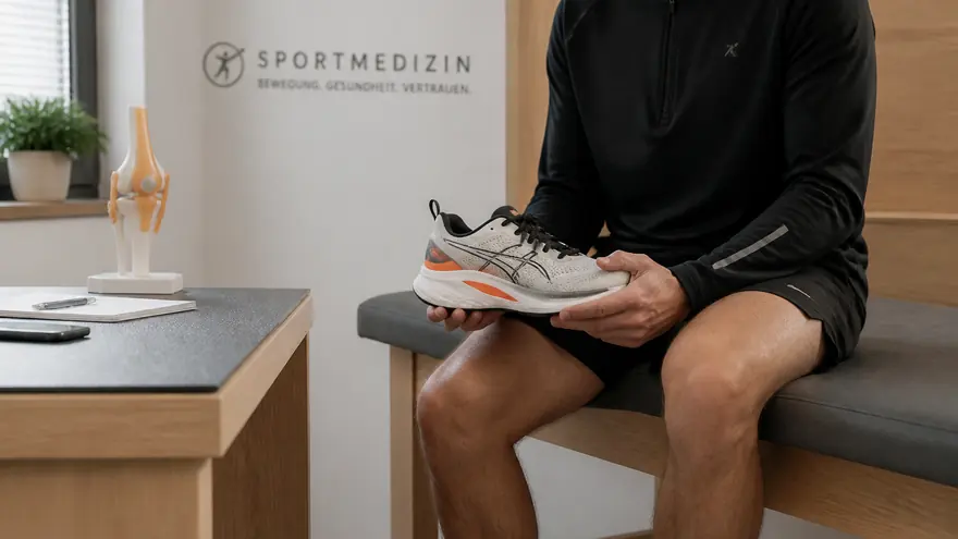Sportler mit Laufschuh in der Hand auf einer Behandlungsliege